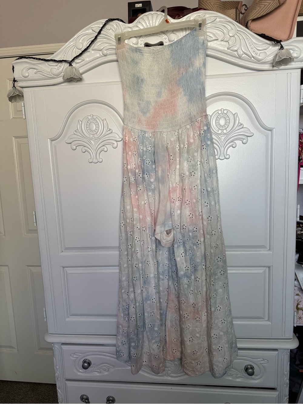 Surf Gypsy Pastel Tie-Dye Eyelet Strapless Maxi Dress